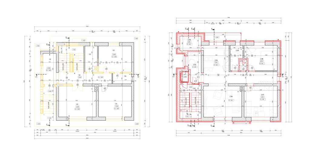 Pôdorysy 2.NP vo verziách búracích a navrhovaných prác. 